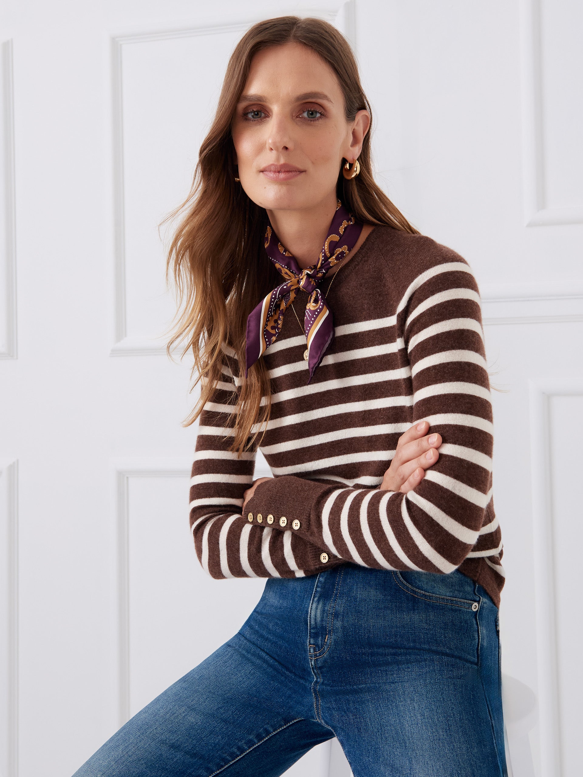J.McLaughlin Women's Zosia Cashmere Sweater in Stripe Heather Brown/Egret White, Size Medium