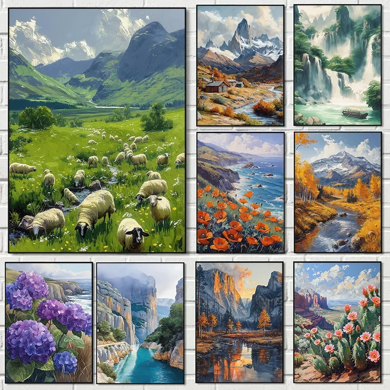 Frühling Comic Stil Prairie Wildflower Schnee Berg Insel Wald Landschaft Poster Leinwand Gemälde Wand Kunst Bilder Home Deco