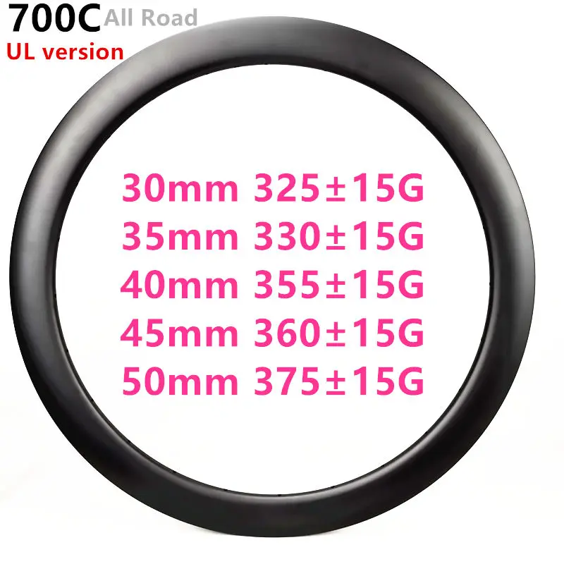 Versione UL 700C Larghezza 30mm carbonio tutto Raod Gravel TT cerchione per bicicletta Tubeless Ganci 30mm 35mm 40mm 45mm 50mm 55mm ruota per bici in carbonio