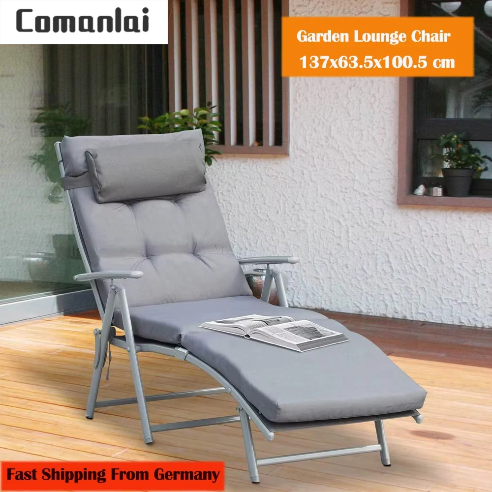 Comanlai Garten-Loungesessel, Sonnenbett-Strandstuhl, Lounge-Garten-Klappstuhl mit Kissen, für Balkon, 137 x 63,5 x 100,5 cm, Grau