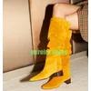 Dame Retro Casual Wildleder Gelb Plissee Knie Stiefel Neu Kommen Niedrigen Absatz Wildleder Schuhe Punk Gladiator Stil Retro Knie Stiefel Größe