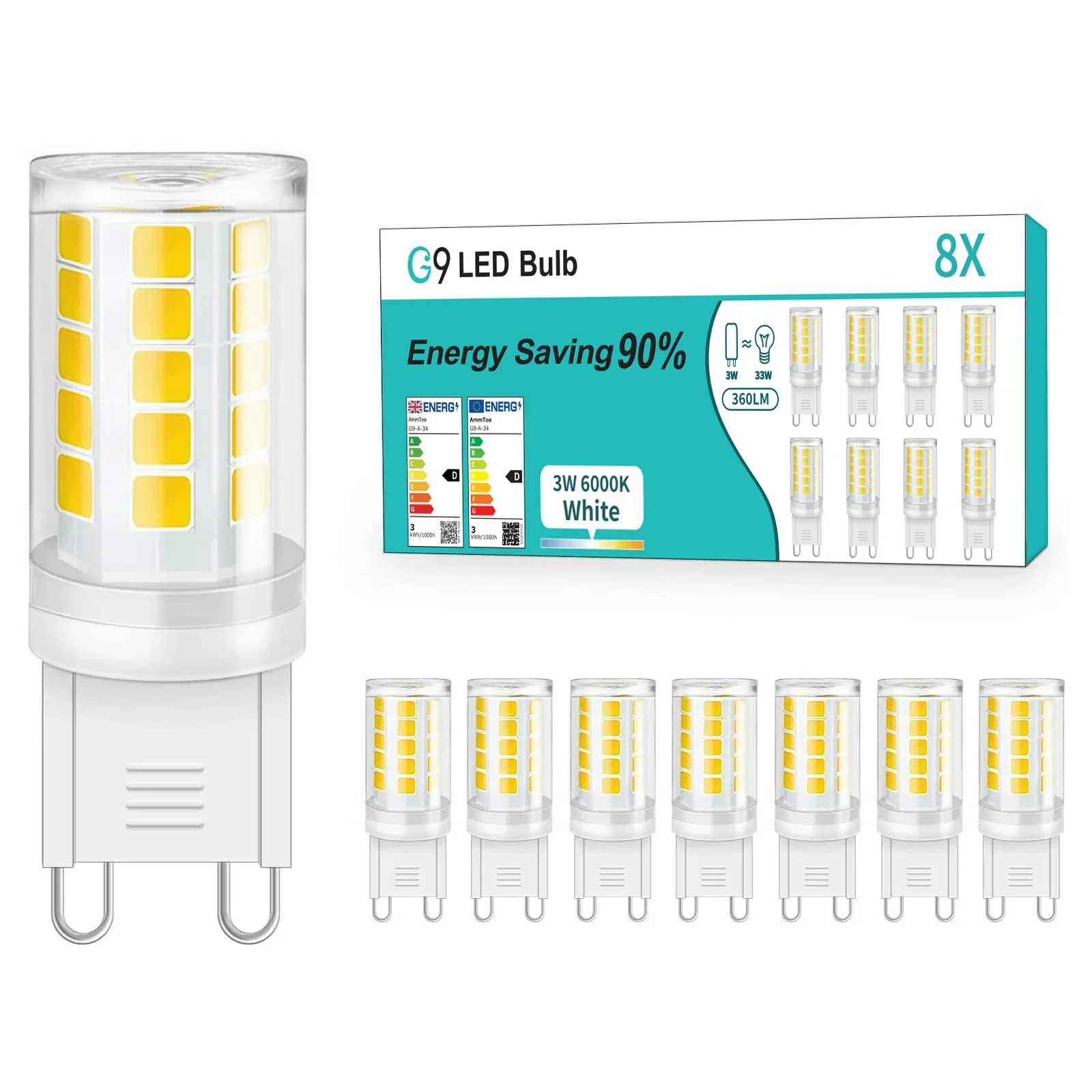 3/8er-Pack G9-LED-Glühbirne, 3 W, 220 V, Kronleuchter-Licht, Maisbirnen, 6000 K, 2700 K, nicht dimmbar, G9-Sockel-LED-Lampe, ersetzt 33 W Halogenlampe