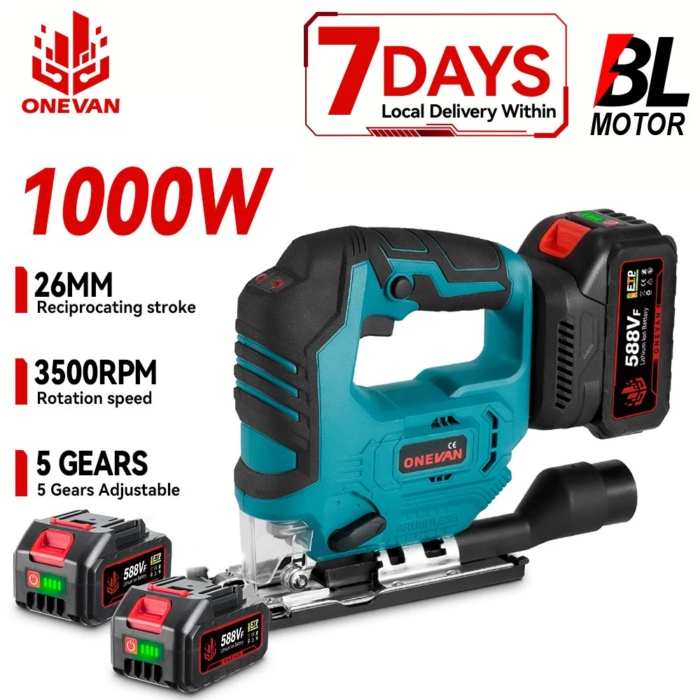ONEVAN 1000 W bürstenlose elektrische Stichsäge 3500 U/min Akku-Handsäge Holz- und Rohrschneide-Elektrowerkzeug für Makita 18 V Akku-Pin Image