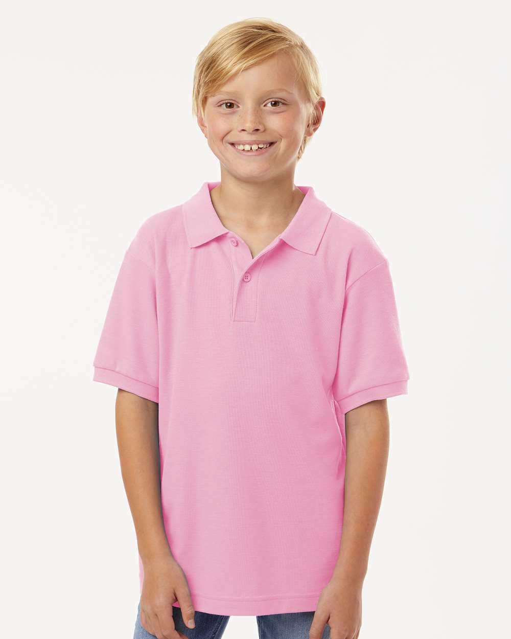 AllPro 62800Y Youth Pique Polo Shirt in Light Pink size Small | 65% polyester/35% cotton
