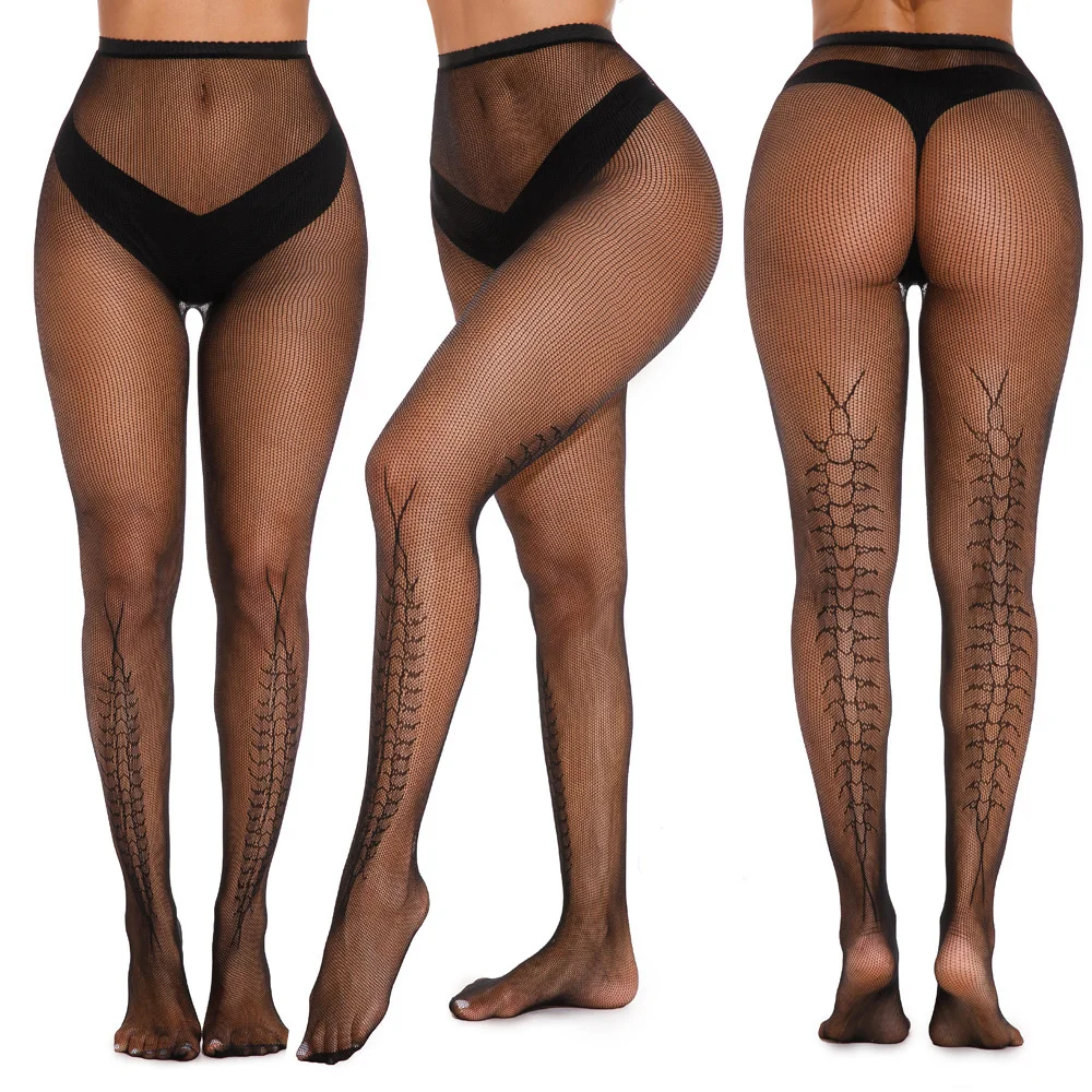 Schwarze Spitze Tausendfüßler Muster Netzstrümpfe Sexy Mädchen Hohle Lolita Strumpfhosen Elastizität Leggings Image