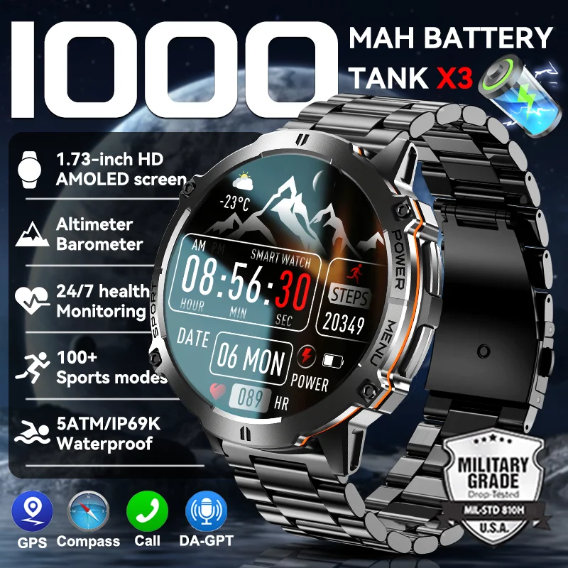 Neue TANK X3 1000 mAh Große Batterie Langlebige Erwachsene Smart Uhr GPS Kompass Höhenmesser 5ATM Wasserdicht BT Anruf Sport smartwatch Männer Image