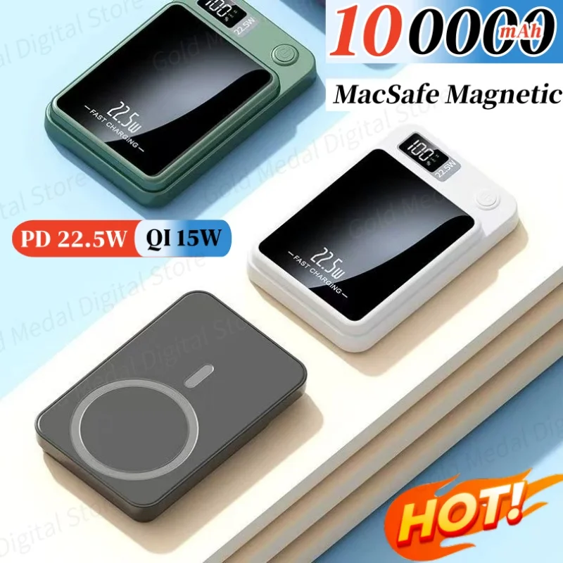 100000 Adattatore PowerBank per batteria esterna portatile a ricarica rapida con batteria magnetica wireless da 22,5 W mAh per Huawei Samsung iPhone