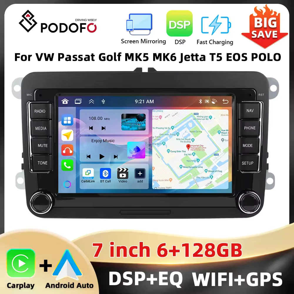 Podofo 7'' 6+128G Car Stereo For VW/PASSAT/GOLF/SCIROCCO Multimedia Player Navigation Carplay Android Auto WIFI BT RDS Car Audio Image
