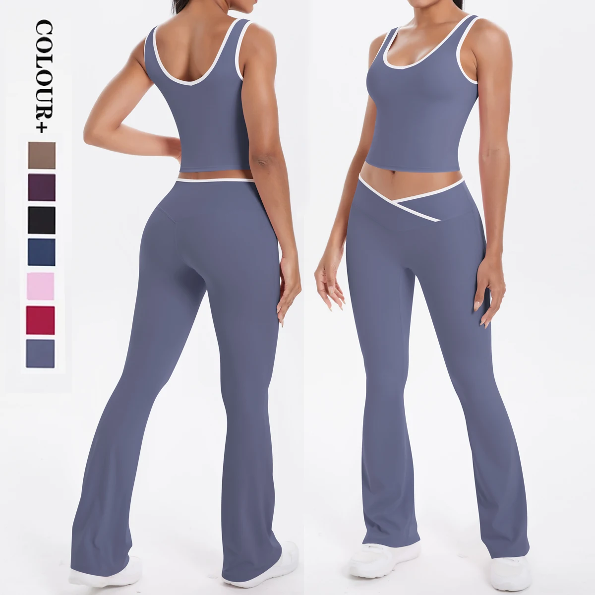 Herbst frauen Yoga Set U-neck Weste Hohe Taille Kreuz Breite Bein Hosen Set Eng Anliegende Nahtlose Elastische sportswear Image