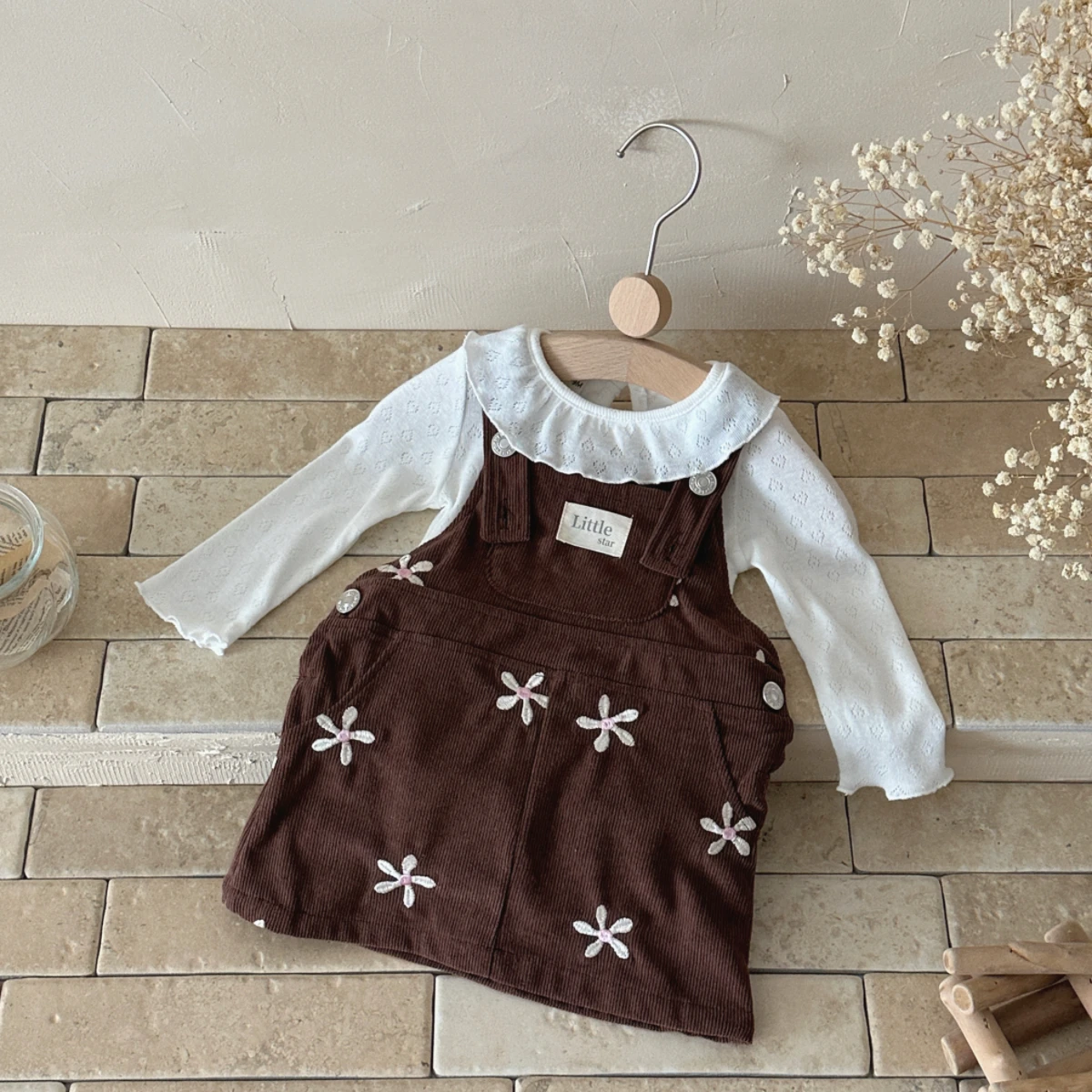 Koreanischen Stil Baby Mädchen Kleidung Cord Blume Stickerei Strap Rock Atmungsaktive Casual Nette Süße Indoor Frühling Herbst Outfit Image