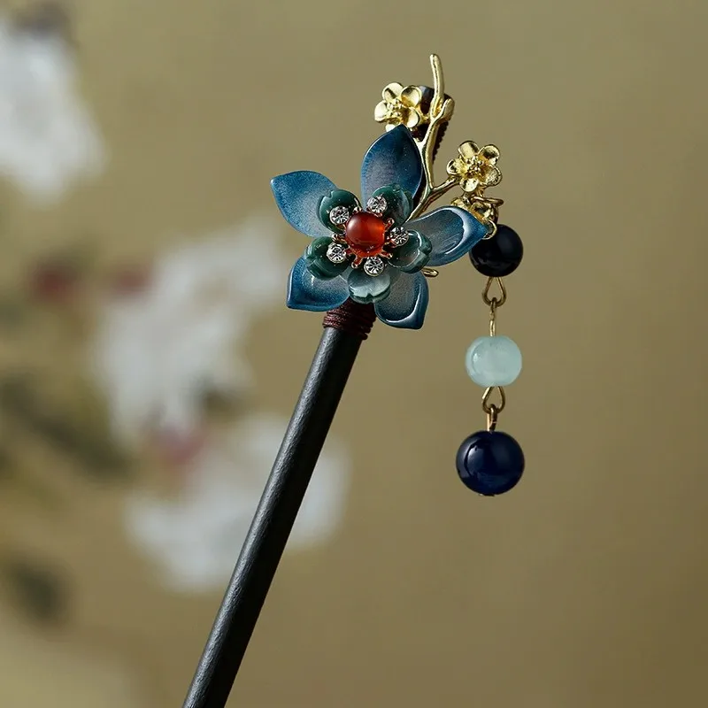 Vintage Han Kleidung Haarnadel Mit Blumen Dekor Haar Clips Elegante Chinesische Stil Haar Stäbchen Für Frauen Mädchen Haar Zubehör Image