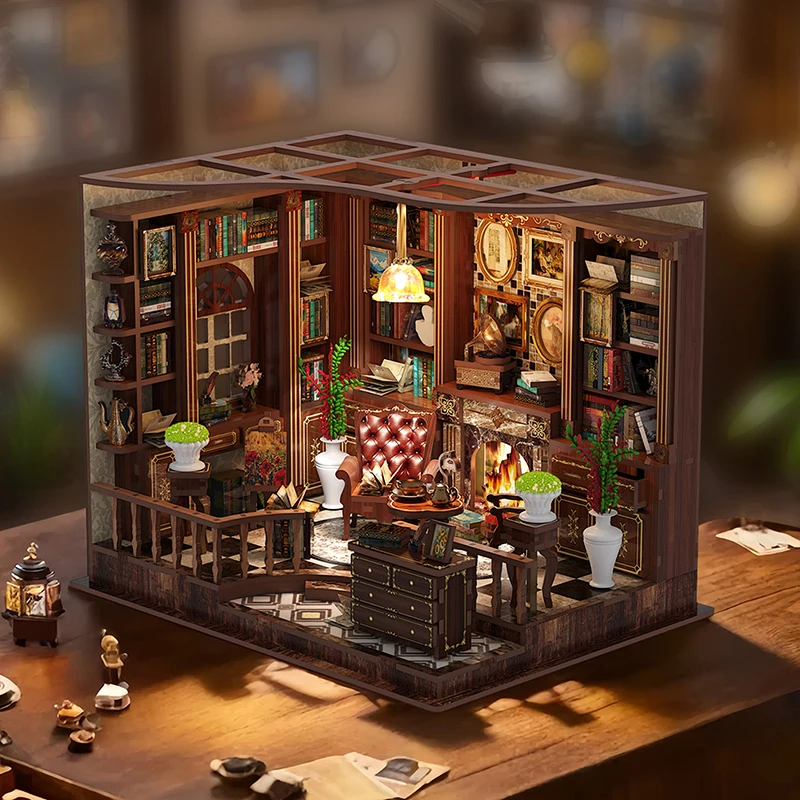 Retro DIY Holz Puppenhaus Figuren Miniaturen Kits mit LED-Leuchten Home Schreibtisch Dekoration für Erwachsene handgemachte Geschenke Puppenhaus Image