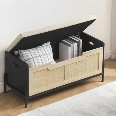 Farmhouse Entryway Bench with Storage, Home Ottoman with Padded Seat Cushion, End of Bed Bench for Bedroom Entryway