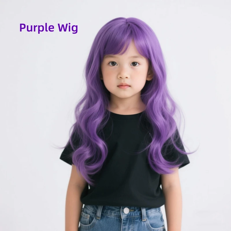 Mädchen mit lila langen gewellten Locken, Perücke für Kinder, violette Kopfbedeckung, violettes Haar, Kopfschmuck, Kinder-Stirnband-Zubehör, Cosplay-Requisiten Image