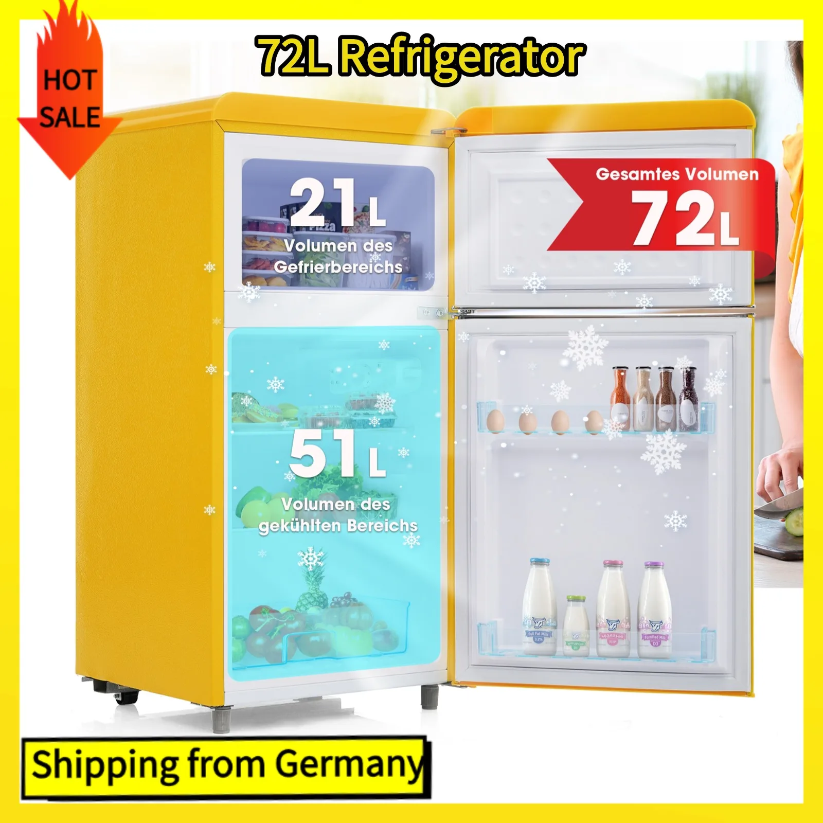 Comanlai 72L Retro-Kühlschrank, Kühlschrank-Gefrierschrank-Kombination, mit zweitürigen und LED-Leuchten, Gefrierschrank-Kapazität 21 l, [Energieklasse E] Image