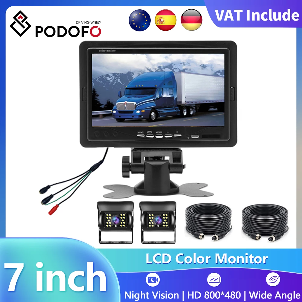 Podofo 2 Stück Rückfahrkamera 7 Zoll Auto-Backup-Monitor Rückansicht-Set Parksystem für Wohnmobil, LKW, Bus, Van mit IP66 wasserdicht Image