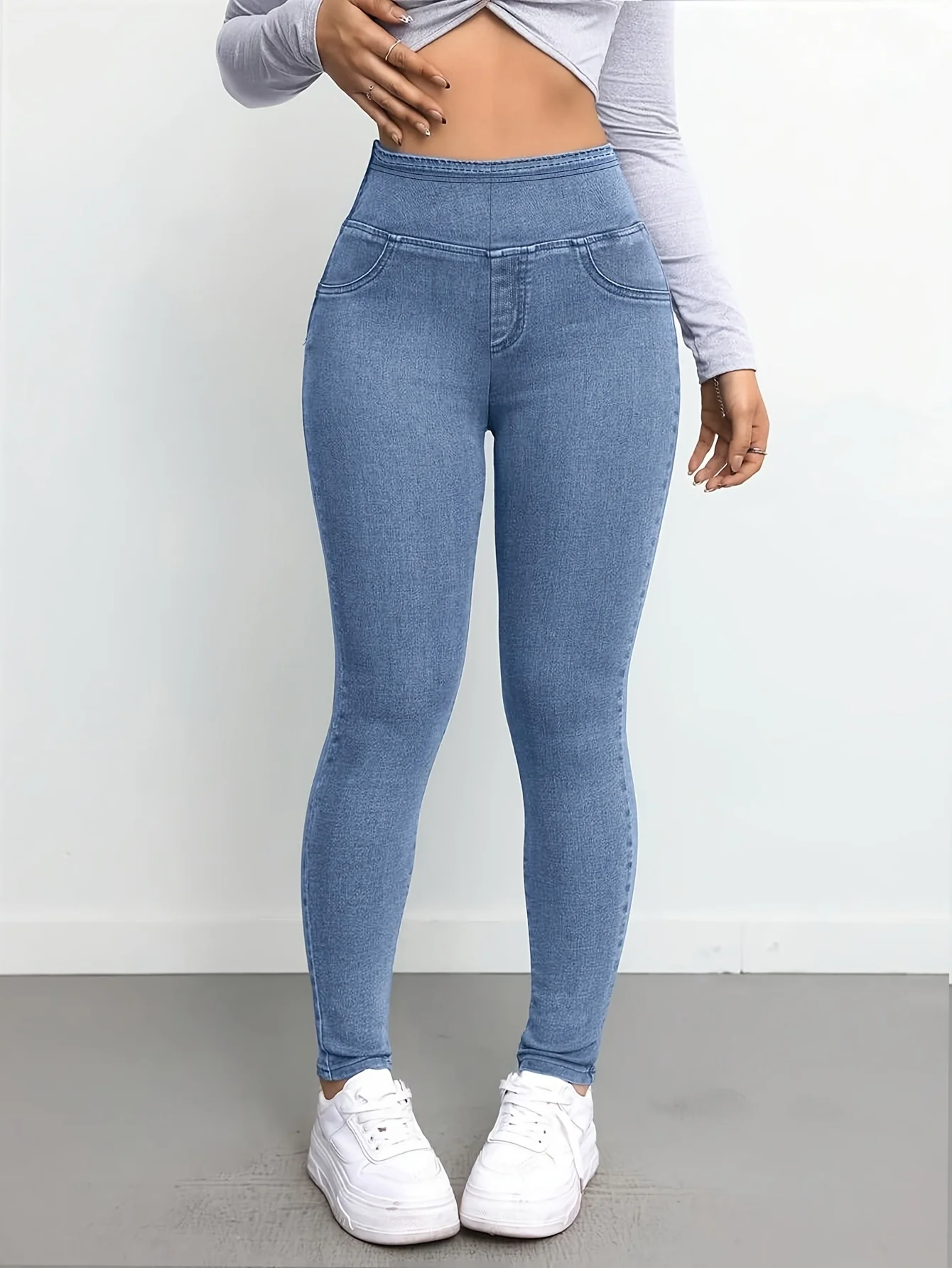 Slim-Fit-Herbst-Leggings für Damen mit Denim-Look, Blumendruck in voller Länge, lässige und bequeme Trainingshose Image