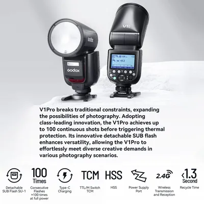 GODOX V1 PRO S 2.4G Wireless Camera Flash 1/8000s HSS 1.3s Recycle Time with M/TTL Flash Mode 10 Levels Adjustable Brightness Su