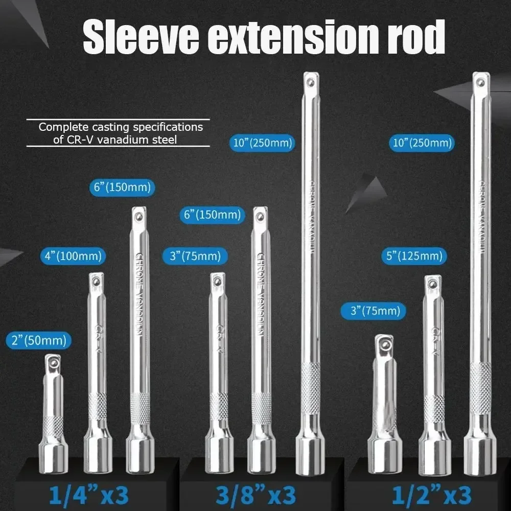 Set di prolunghe per chiavi a bussola da 1/4", 3/8", 1/2", barra di prolunga per cricchetto, prolunga per chiave a bussola da 50/100/150/250mm, utensile manuale