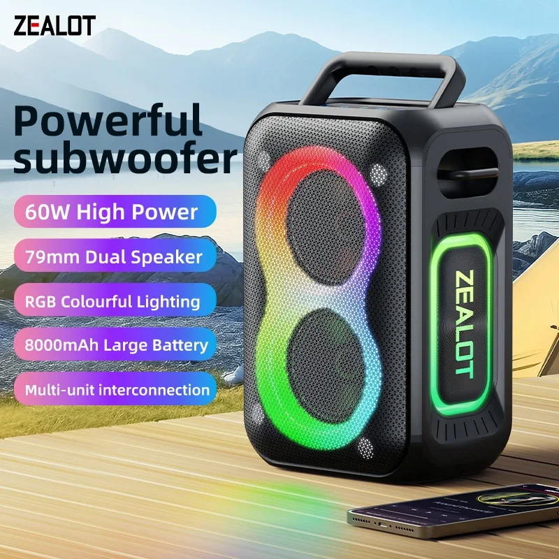 ZEALOT-PT02 Bluetooth 5.4 Speaker 60W Portable Outdoor Speaker with IPX6 Waterproof, 12H Playtime,for Camping Hiking