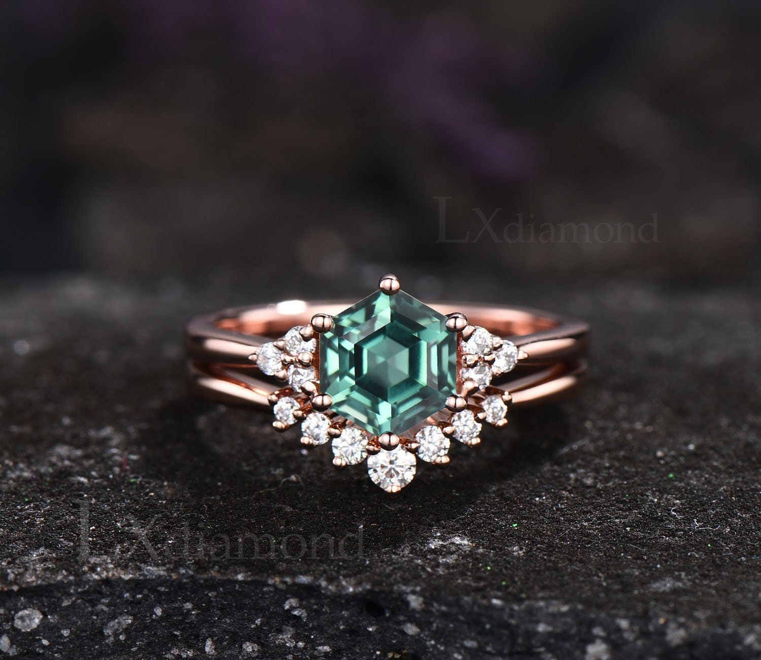 set di anelli con zaffiro verde taglio esagonale, anello vintage con zaffiro verde acqua, set di anelli di fidanzamento unici, set di anelli nuziali i