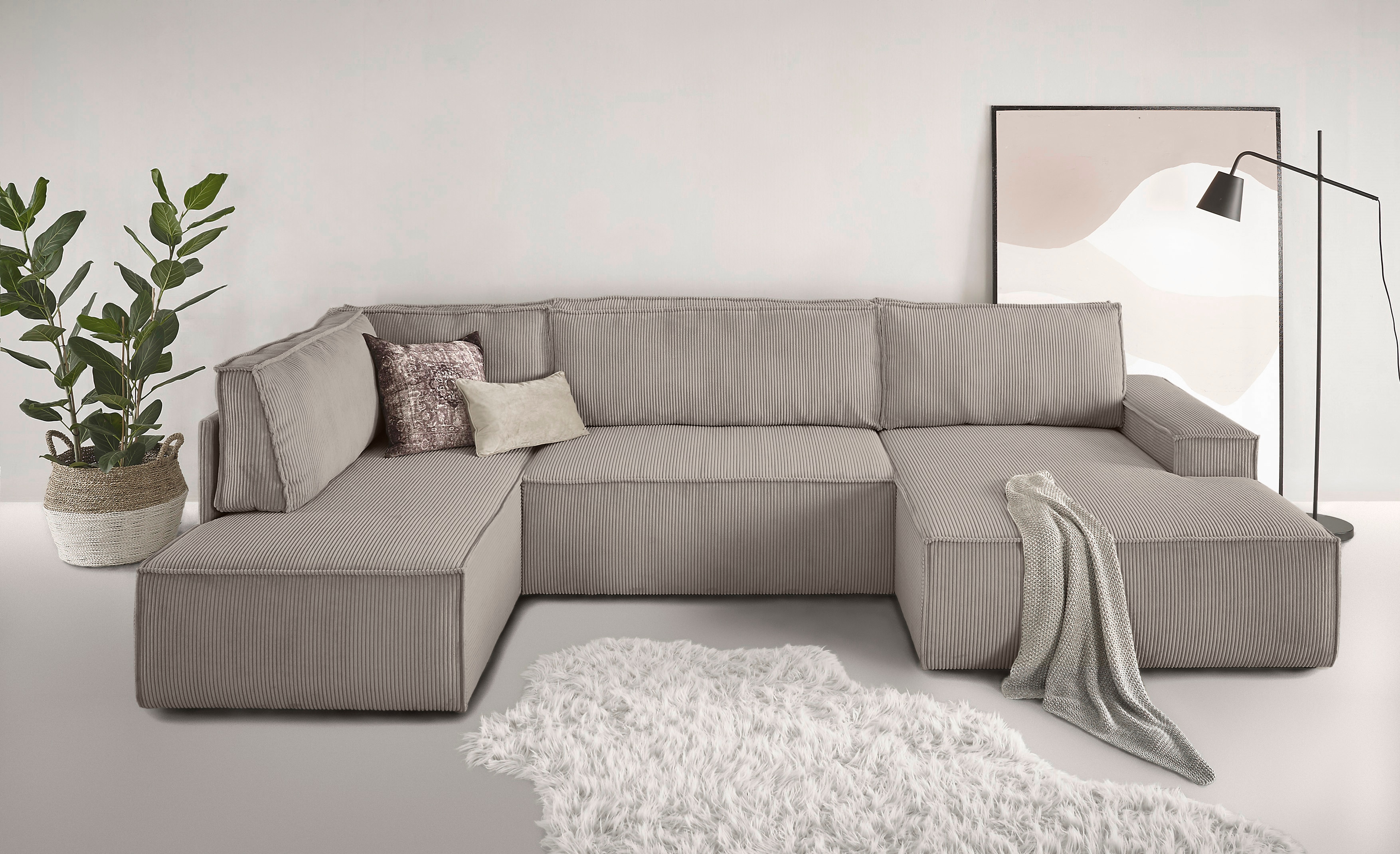 Wohnlandschaft HOME AFFAIRE "SHERWOOD 329 cm, U-Form, Schlafsofa", greige, B:329cm H:85cm T:195cm, 100% Polyester, Sofas, Wohnlandschaft, Schlaffunktion m. Bettkasten (194x139 cm), Cord, Vintage, Samtvelours