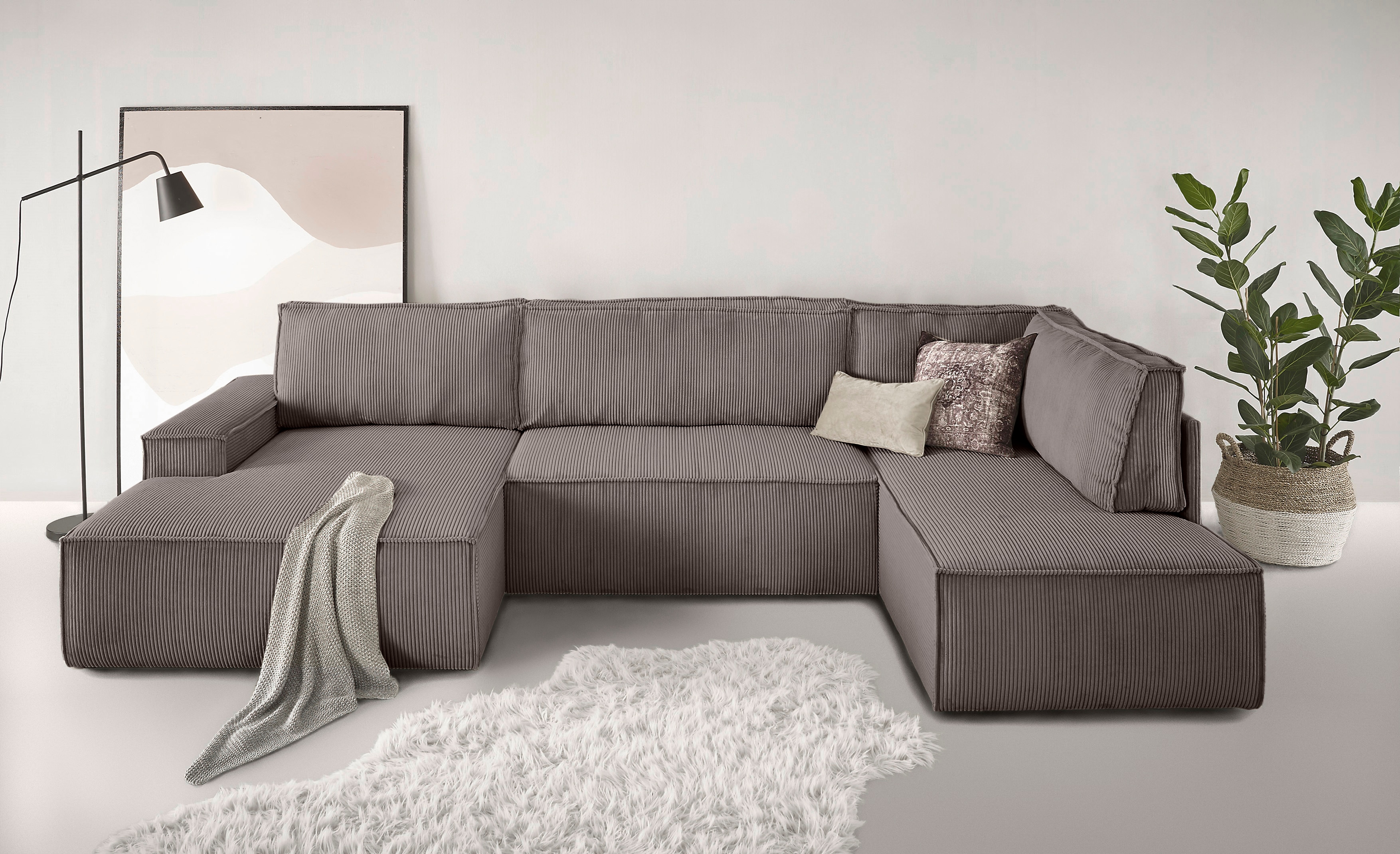 Wohnlandschaft HOME AFFAIRE "SHERWOOD 329 cm, U-Form, Schlafsofa", beige (taupe), B:329cm H:85cm T:195cm, 100% Polyester, Sofas, Wohnlandschaft, Schlaffunktion m. Bettkasten (194x139 cm), Cord, Vintage, Samtvelours