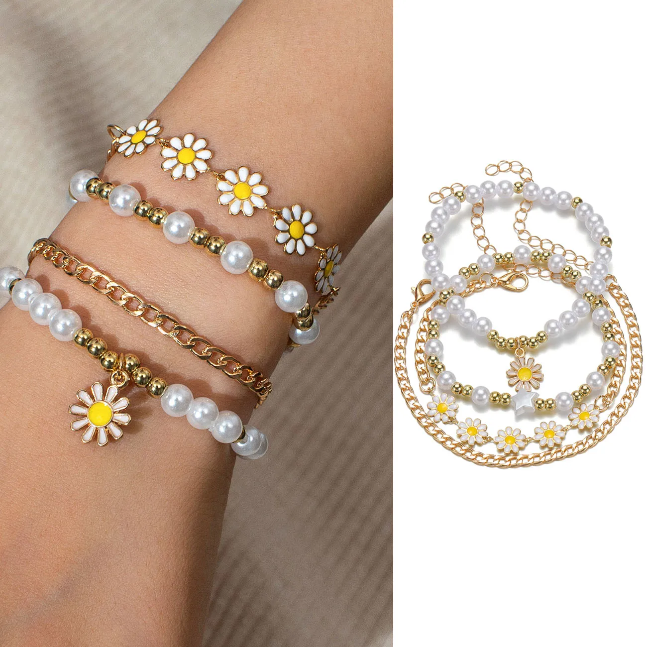 4pc Böhmische Mädchen Gänseblümchen Blume Anhänger Perlen Stern Herz Armband Set für Frauen Gänseblümchen Imitation Perle Armreifen Vintage-Schmuck Image