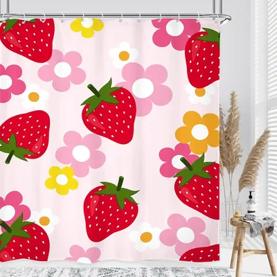 Cute Strawberry Fruit Shower Curtain Inch Girls Flower Y2K Pink Red Groovy Bathroom Set Accessories Decor Polyester