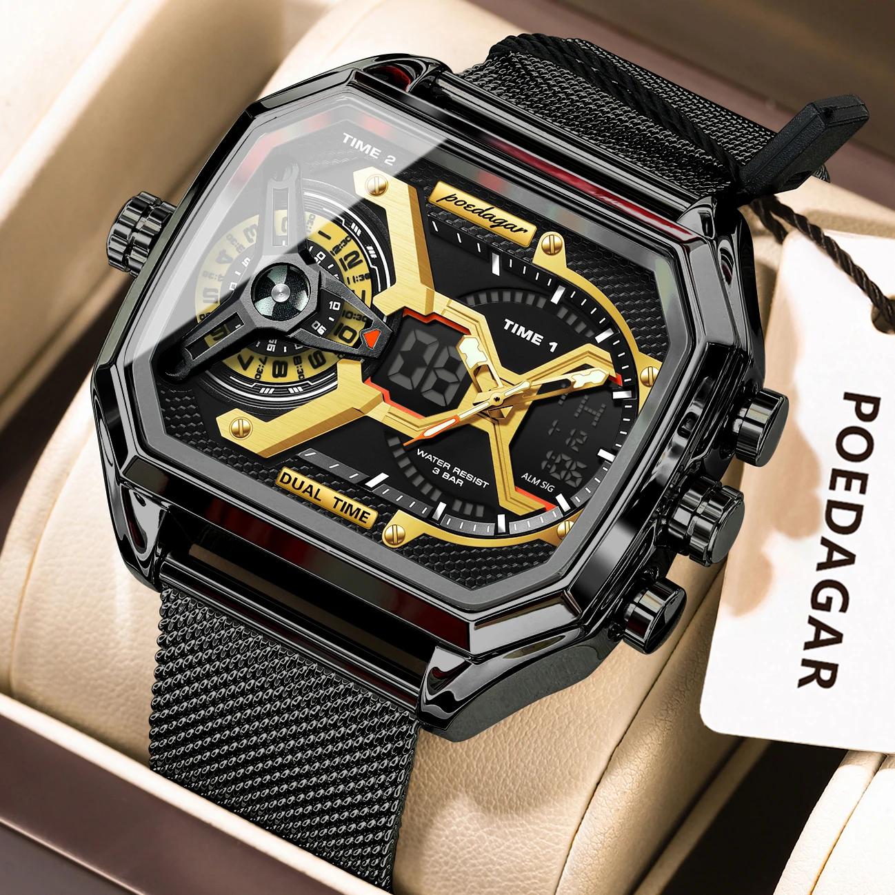 POEDAGAR Trendy Herrenuhren Datum Woche LED Elektronische Militäruhr Wasserdicht Edelstahl Mesh Sport Quarz Herrenuhr Image