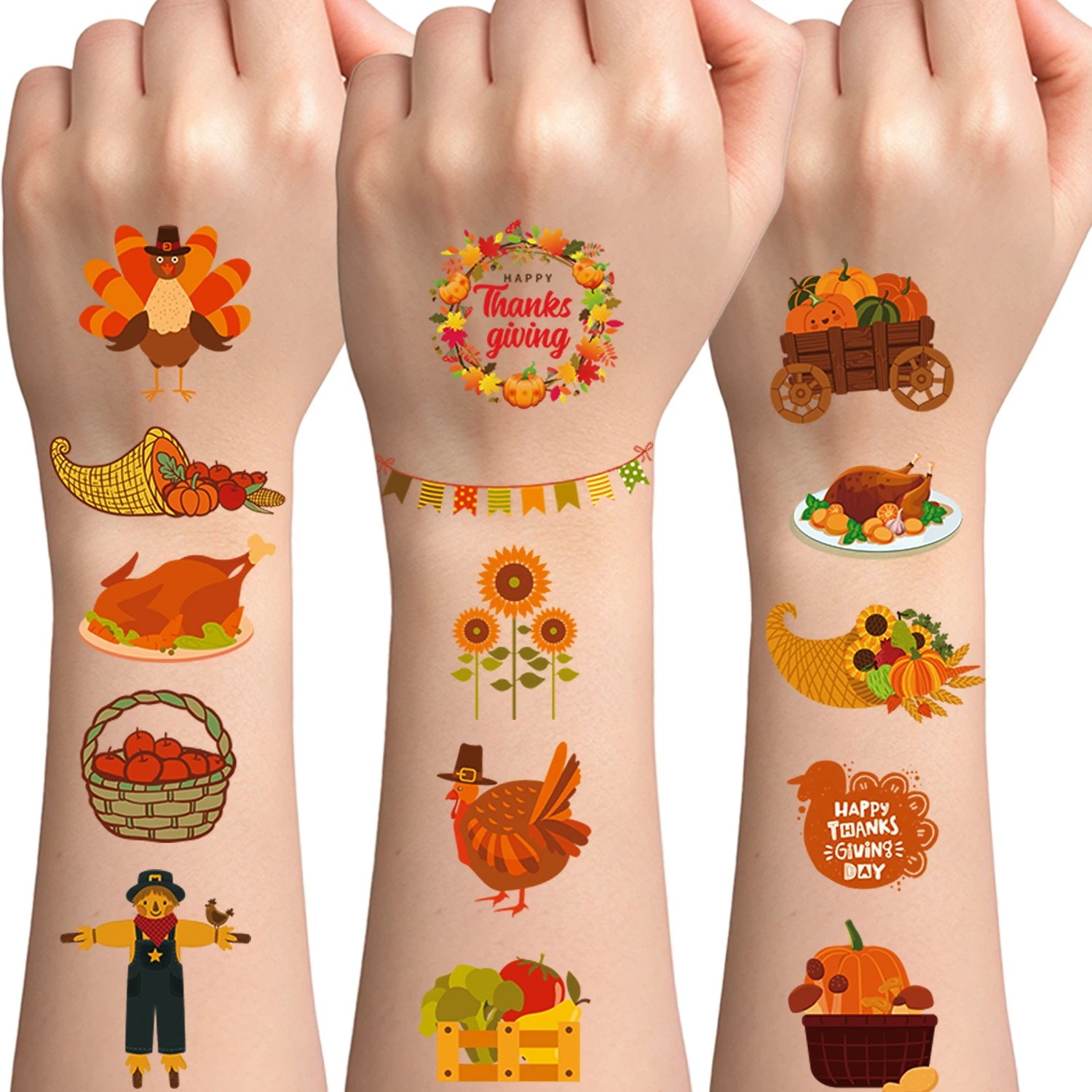 Temporäre Herbst-Tattoos, Thanksgiving-Tattoos, beste Wahl für herbstliche Goody Bag Stuffers, Ahornblätter, Kürbisse, Vogelscheuche, Truthähne Image