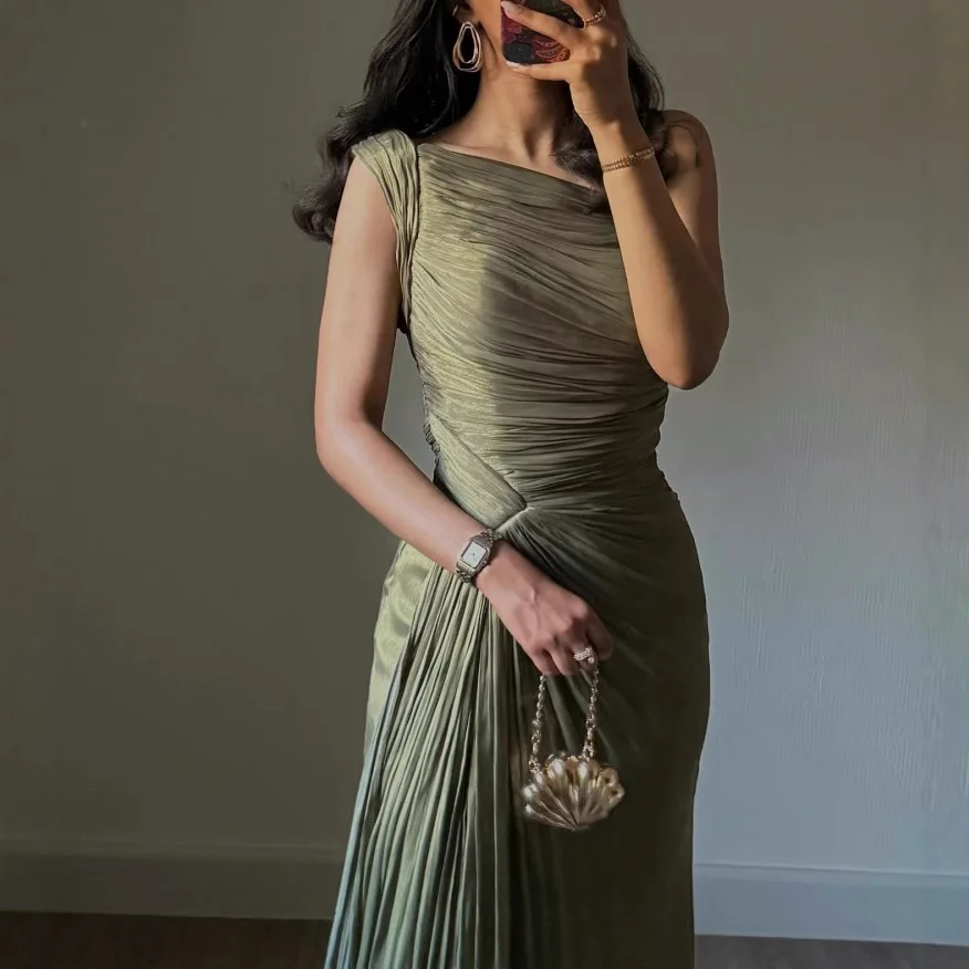 2025 Spring Summer New Fashion Pleated Dress for Women Chic Elegant Off Shoulder Sleeveless High Waist Evening Long Dresses