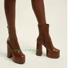 Braune PU-Plateau-Wadenstiefel für Damen, Herbst-Winter, Stiefel mit klobigem Absatz und seitlichem Reißverschluss, Bürodamen-Kleiderstiefel, Freizeitstiefel, Schuhe, Größe 46