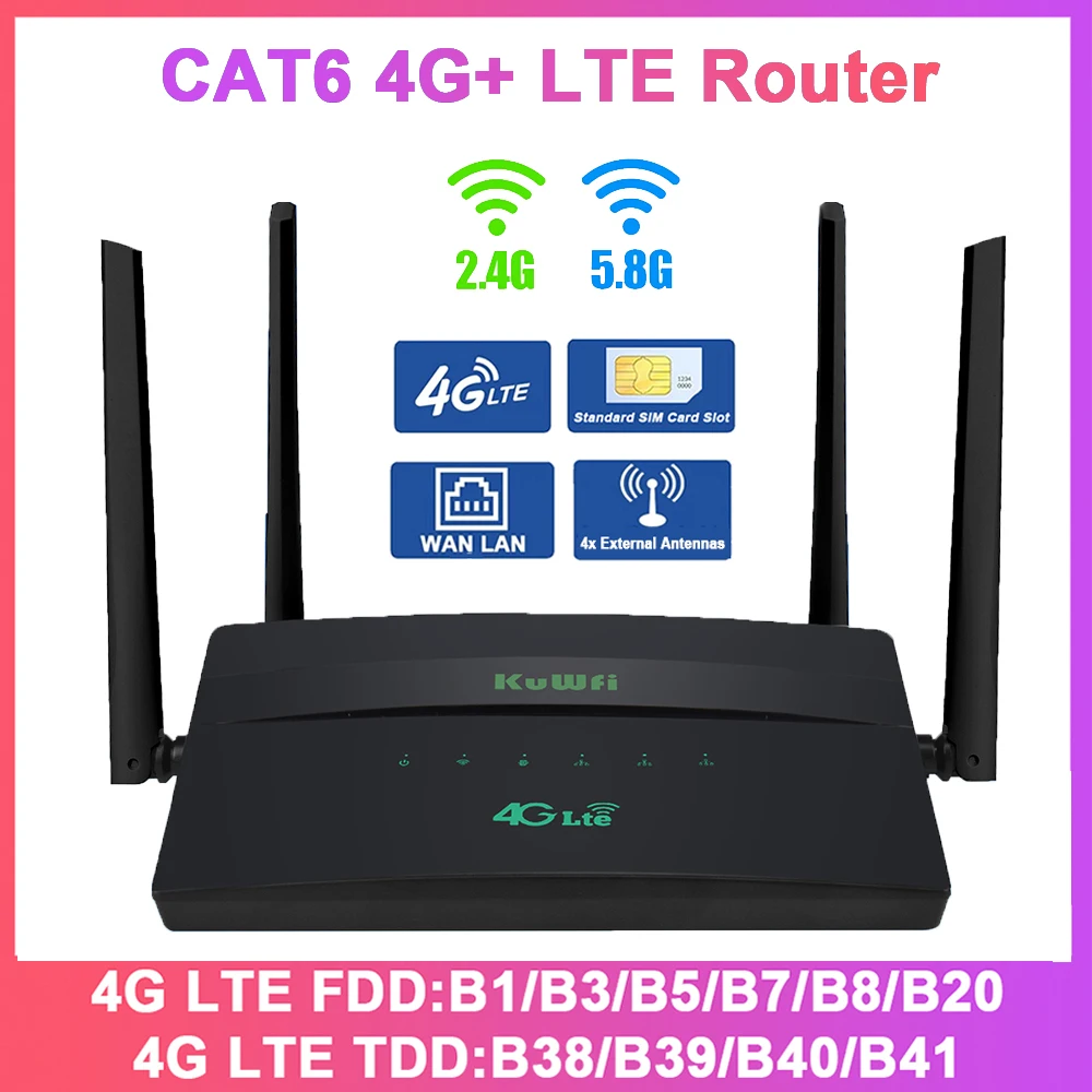 KuWFi 4G+ Router CAT6 LTE Modem AC1200 2,4G 5G Dual Band Wifi Router mit SIM Karte Slot 100M Ethernet Port 32 Benutzer 4G zu WiFi