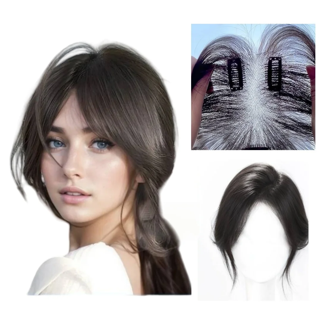 Haaraufsätze für Frauen, echtes Echthaar mit Pony, atmungsaktive Spitzenbasis-Topper, natürliche Haarteile für Frauen mit dünner werdendem Haar Image