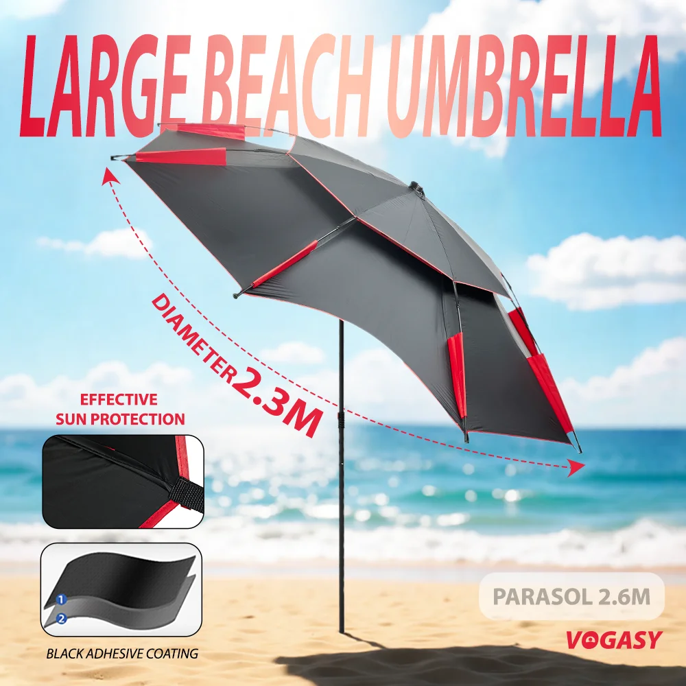 VOGASY Strandschirm mit UV-Schutz. Doppelschichtige schwarze Beschichtung, großer Angelschirm für den Außenbereich, Sonnenschirm für den Garten Image