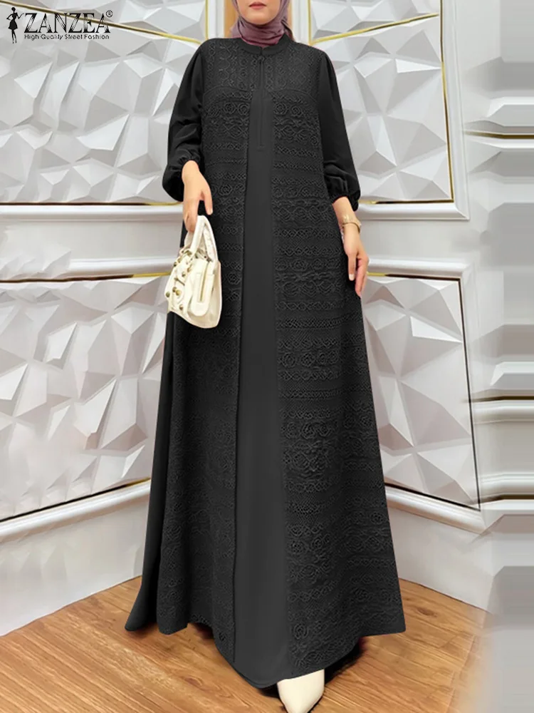 2023 herbst Spitze Patchwork Kleider ZANZEA Mode Muslimischen Abaya Robe Frauen Langarm Sommerkleid IsIamic Hijab Kleid Eid Mubarek Image