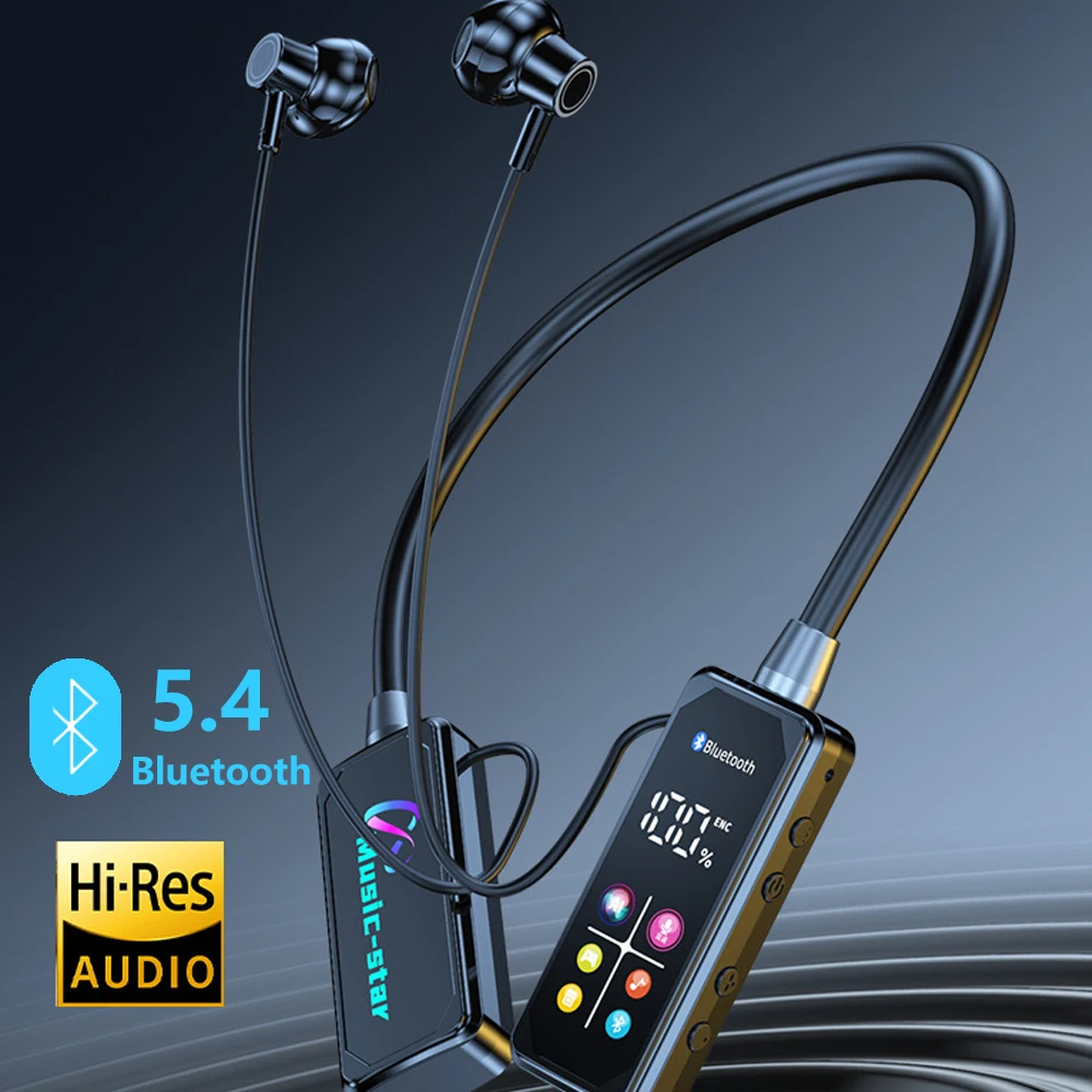 Auricolari Bluetooth 5.4 con schermo HD Cuffie wireless Cuffie con archetto da collo Auricolari stereo HiFi con riduzione del rumore per live