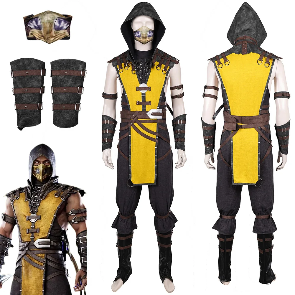 Spiel Mortal Kombat Cosplay Skorpion Kostüm Erwachsene Gelb Top Hosen Maske Halloween Karneval Party Outfits Für Männer Männliche Erwachsene Image