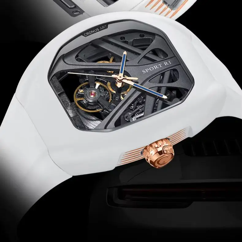 CRONUSART Männer Automatische Uhr 49*42mm Tonneau Mechanische Armbanduhr Lume Fluororubber Strap Skeleton Klapp Versteckte Krone Griff Image