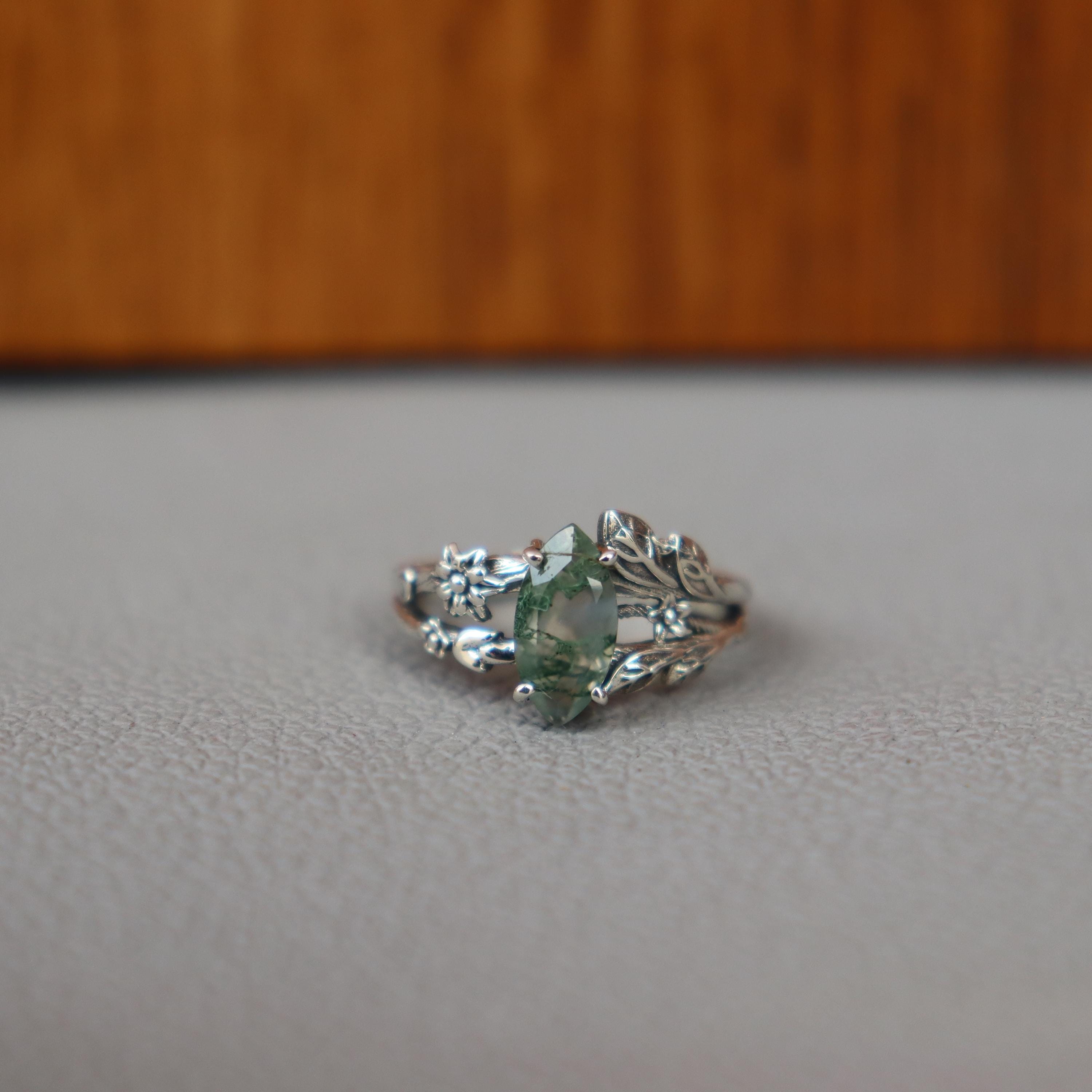 Anello in agata muschiata con rami d'albero in argento, anello ispirato alla natura, anello in argento sterling 925, anello con foglie, anello regalo