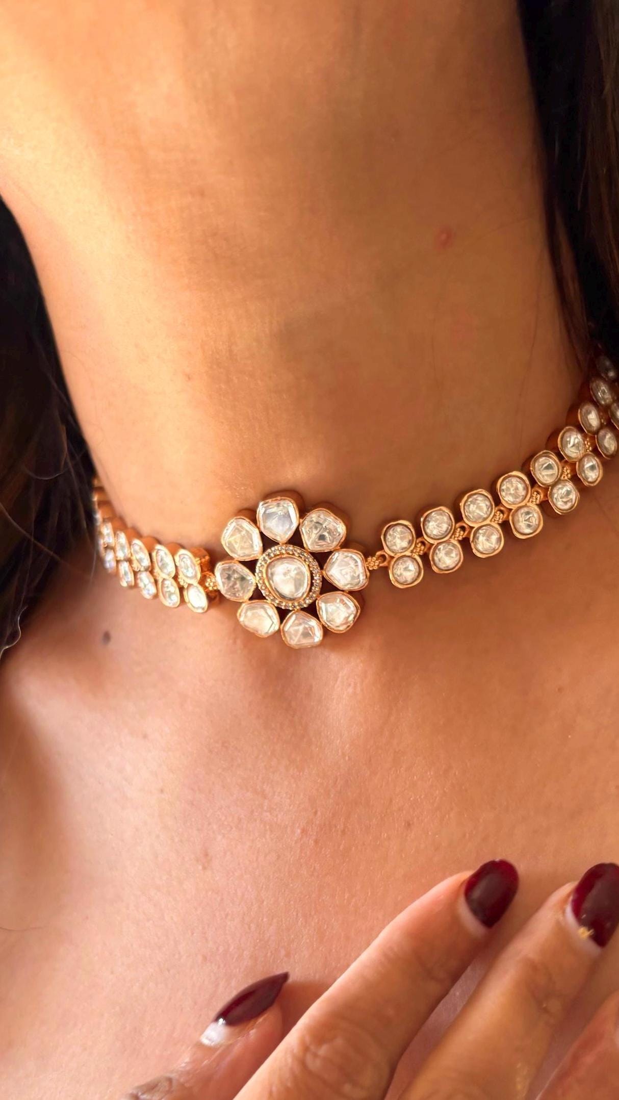 Set di gioielli indiani con girocollo in moissanite di alta qualità, set di polki floreali, collana ispirata a Sabyasachi, delicato set di girocollo,