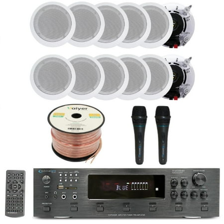 Home Audio System Kit - 6 Channel 6000 W Bluetooth Amplifier w/ 12 QTY of 5.25 in-Wall in-Ceiling Speakers 175 W Each 2 QTY of Wired Mic 500 ft Speaker Wire & Remote by Technical Pro