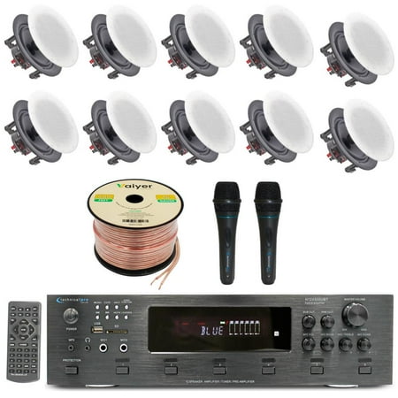 Home Audio System Kit - 6 Channel 6000 W Bluetooth Amplifier w/ 10 QTY of 6.5 Frameless in-Wall in-Ceiling Speakers 200 W Each 2 QTY of Wired Mic 500 ft Speaker Wire & Remote by Technical Pro