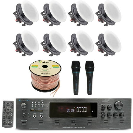 Home Theater Sound System Kit - 6 Ch 6000 W Bluetooth Amplifier w/ 8 QTY of 5.25 Frameless in-Wall in-Ceiling Speakers 175W Each 2 QTY of Wired Mic 500 ft Speaker Wire & Remote by Technical Pro