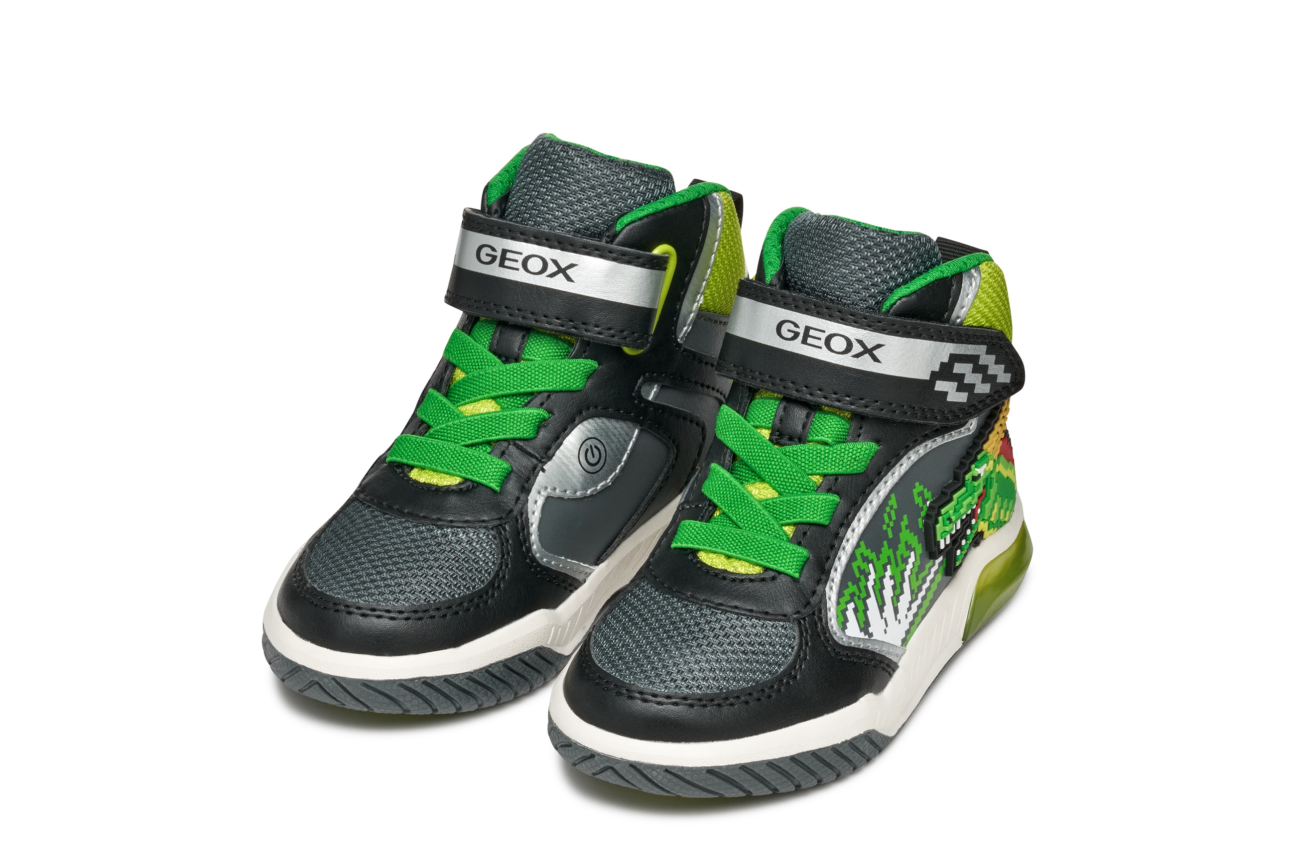 Sneaker GEOX "J INEK BOY_Blinkschuh", Kinder, Gr. 34, schwarz, limette, Synthetik, Textil, metallic, Sportlich, Schuhe, Schnürboots mit cooler Blinkfunktion, Größenschablone zum Download Image