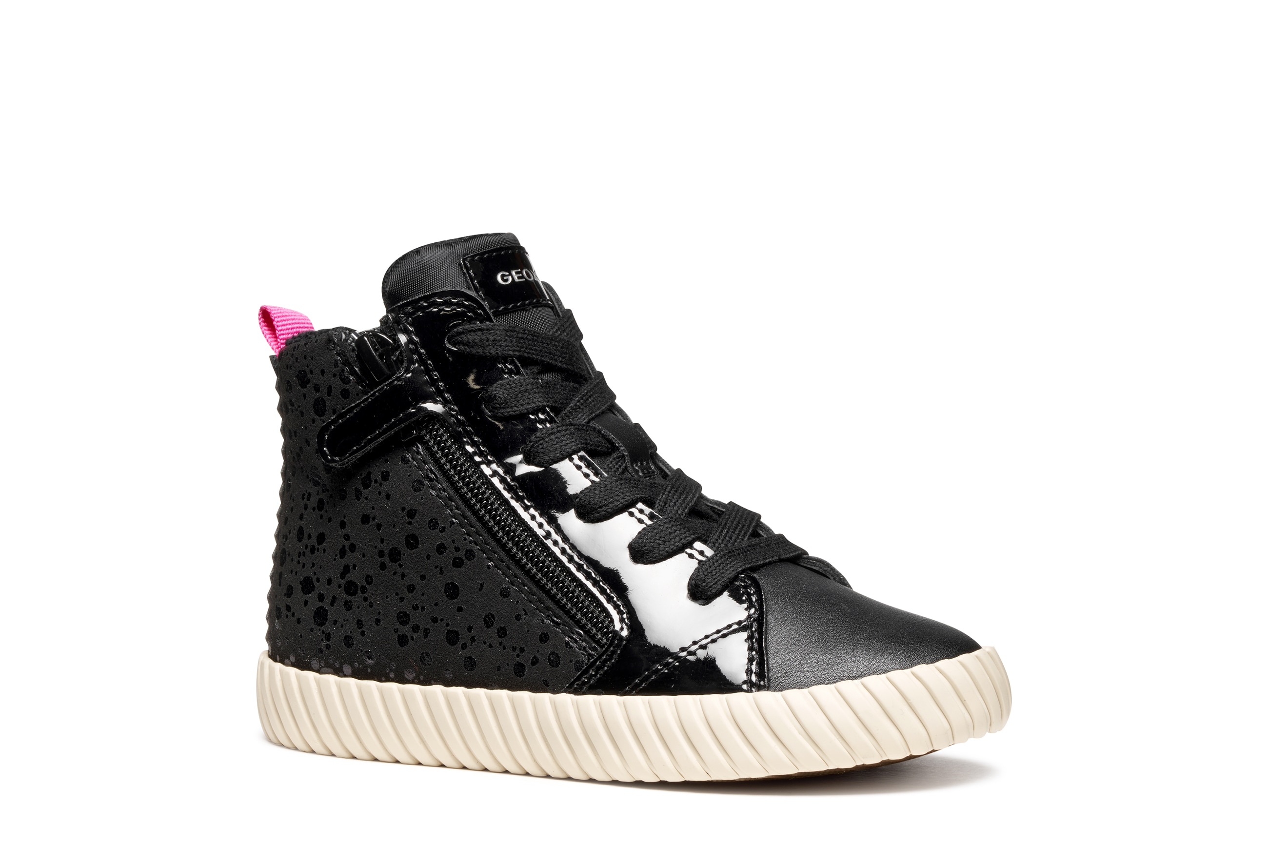Sneaker GEOX "J MIRROLESS GIRL", Mädchen, Gr. 30, schwarz, Lacklederimitat, Lederimitat, Textil, Schuhe Sneaker, Schnürboots mit Warmfutter, Größenschablone zum Download