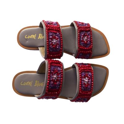 Anthropologie Shoes | Anthro Coral Blue Women’s 39 Granny Sandals Flats Embroidered Beading Beach Boho | Color: Purple/Red | Size: 9