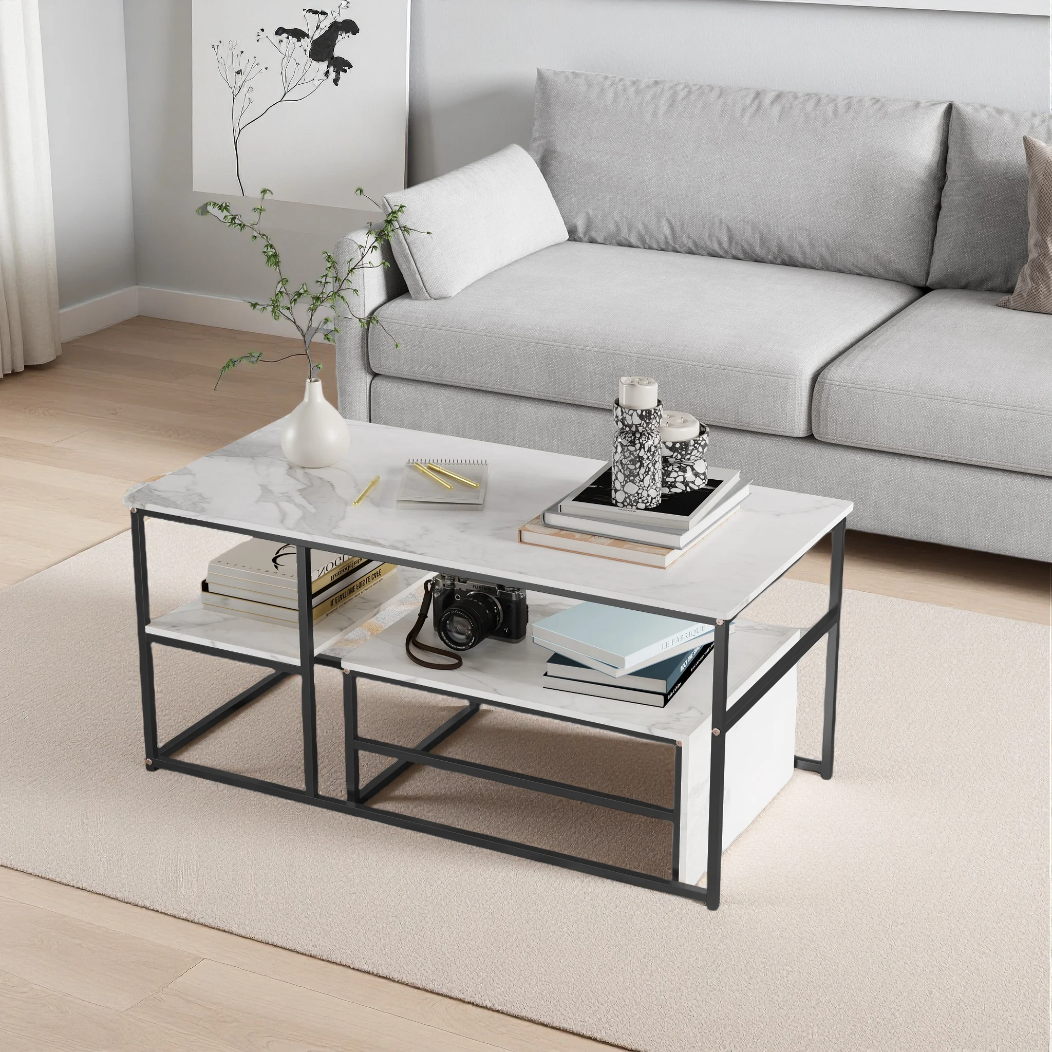 Table basse, table de salon, table basse avec structure et étagères en acier, table de canapé en bois, table d