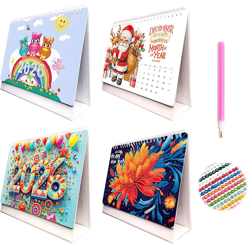 2026 DIY Crystal Painting Desktop Calendar Standing Monthly Flip Handmade Art Calendar Kit for Home Office Ornament Craft Gift